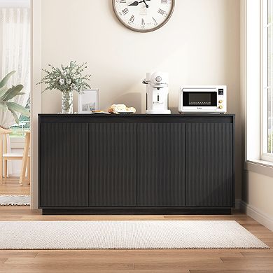 Trikiousd 4-Door Wood Sideboard Buffet Cabinet with Power Outlet and Wavy Texture