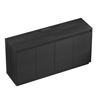 Trikiousd 4-Door Wood Sideboard Buffet Cabinet with Power Outlet and Wavy Texture