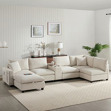 Trikiousd 139'' U-Shaped Modular Sectional Sofa with Console, USB, Cup Holders, Ottoman