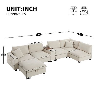 Trikiousd 139'' U-Shaped Modular Sectional Sofa with Console, USB, Cup Holders, Ottoman