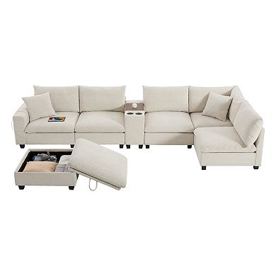 Trikiousd 139'' U-Shaped Modular Sectional Sofa with Console, USB, Cup Holders, Ottoman