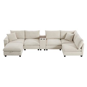 Trikiousd 139'' U-Shaped Modular Sectional Sofa with Console, USB, Cup Holders, Ottoman