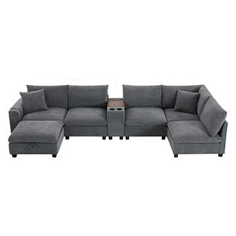 Trikiousd 139'' U-Shaped Modular Sectional Sofa with Console, USB, Cup Holders, Ottoman