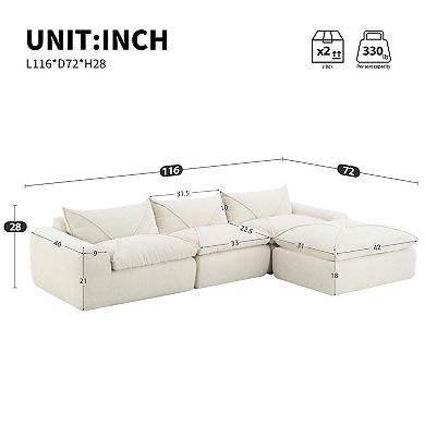 Trikiousd 116" Legless Chenille Modular Sofa with High-Density Foam and Ottoman