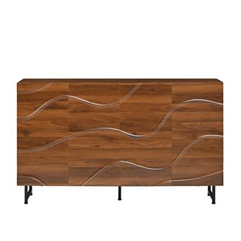 Trikiousd Modern Solid Wood Sideboard with Wave Relief Doors and Iron Legs Storage Cabinet