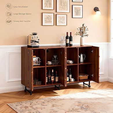 Trikiousd Modern Solid Wood Sideboard with Wave Relief Doors and Iron Legs Storage Cabinet