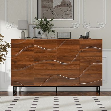 Trikiousd Modern Solid Wood Sideboard with Wave Relief Doors and Iron Legs Storage Cabinet