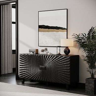 Trikiousd 59" Modern Buffet Sideboard with 4 Sunburst Doors and Solid Wood Legs Storage Cabinet