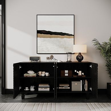 Trikiousd 59" Modern Buffet Sideboard with 4 Sunburst Doors and Solid Wood Legs Storage Cabinet