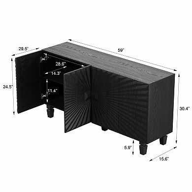 Trikiousd 59" Modern Buffet Sideboard with 4 Sunburst Doors and Solid Wood Legs Storage Cabinet