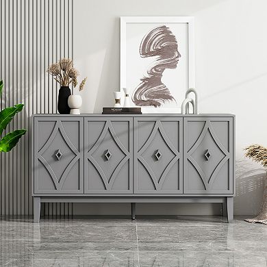 Trikiousd 4-Door Storage Cabinet Sideboard with Hand-Carved Geometric Doors and Adjustable Shelves