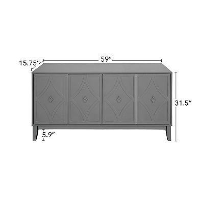 Trikiousd 4-Door Storage Cabinet Sideboard with Hand-Carved Geometric Doors and Adjustable Shelves