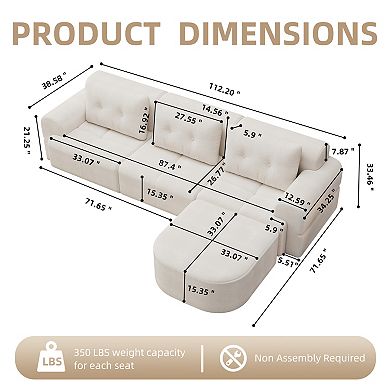 Trikiousd 112.2" Modular Sectional Sofa with Chaise Full Foam Oversized Couch