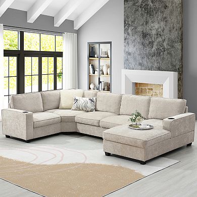 Trikiousd 119" U Shaped Sectional Sofa Chenille 6 Seat Couch with Cup Holders