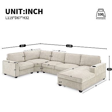 Trikiousd 119" U Shaped Sectional Sofa Chenille 6 Seat Couch with Cup Holders