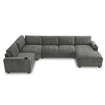 Trikiousd 119" U Shaped Sectional Sofa Chenille 6 Seat Couch with Cup Holders