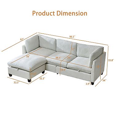 Trikiousd 96.5" Sectional Sofa with Ottoman Chenille L-Shape Couch 4-Seater Storage