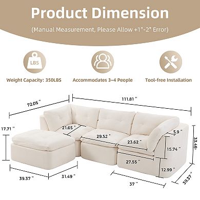 Trikiousd 111.8" Cloud Sectional Sofa with Ottoman Modular L-Shaped Chenille Couch 4-Seater