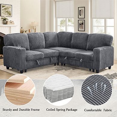 Trikiousd L-Shaped Sectional Sofa Bed Pull Out Sleeper Couch with Storage USB Corduroy