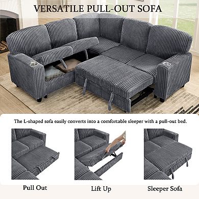 Trikiousd L-Shaped Sectional Sofa Bed Pull Out Sleeper Couch with Storage USB Corduroy