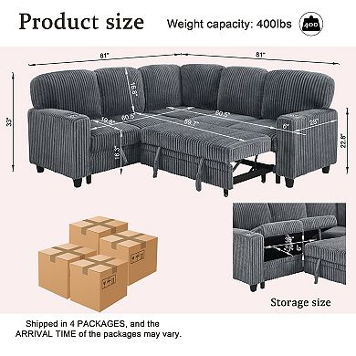Trikiousd L-Shaped Sectional Sofa Bed Pull Out Sleeper Couch with Storage USB Corduroy