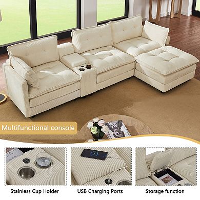 Trikiousd 119" L-Shaped Corduroy Sectional Sofa Modular Couch with Storage Console