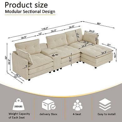Trikiousd 119" L-Shaped Corduroy Sectional Sofa Modular Couch with Storage Console