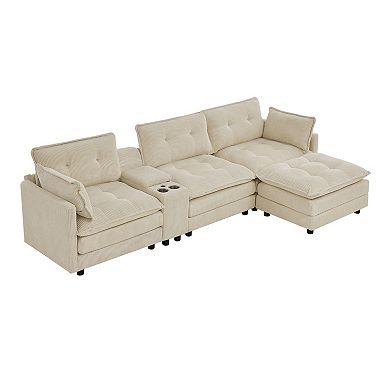 Trikiousd 119" L-Shaped Corduroy Sectional Sofa Modular Couch with Storage Console