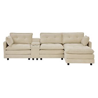Trikiousd 119" L-Shaped Corduroy Sectional Sofa Modular Couch with Storage Console