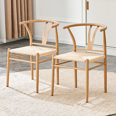 Trikiousd Wishbone Dining Chairs Set of 2 Woven Seat Armchairs with Metal Frame
