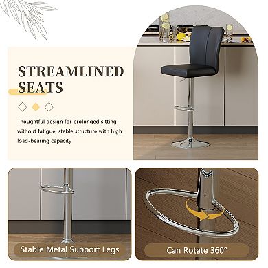 Trikiousd Set of 2 Modern PU Bar Stools Adjustable Height 360° Swivel Metal Legs