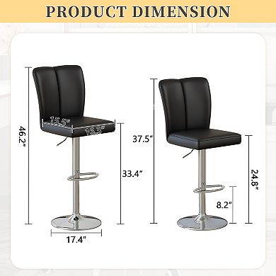 Trikiousd Set of 2 Modern PU Bar Stools Adjustable Height 360° Swivel Metal Legs