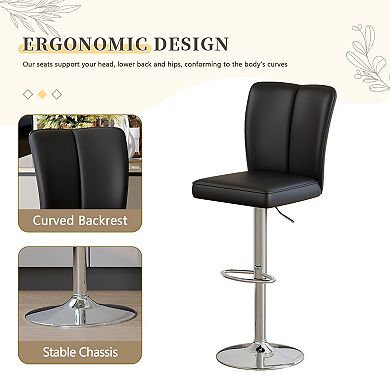 Trikiousd Set of 2 Modern PU Bar Stools Adjustable Height 360° Swivel Metal Legs