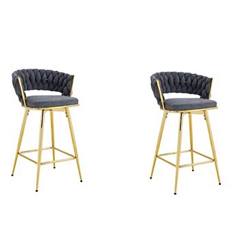Trikiousd Swivel Bar Chair Set of 2 Upholstered Cotton Linen Seat with Metal Legs