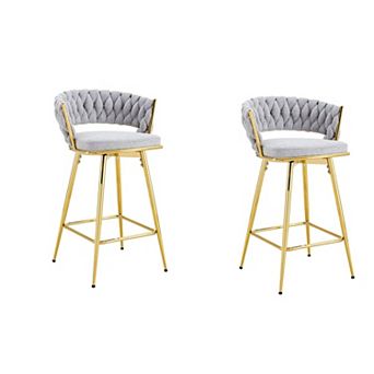 Trikiousd Swivel Bar Chair Set of 2 Upholstered Cotton Linen Seat with Metal Legs