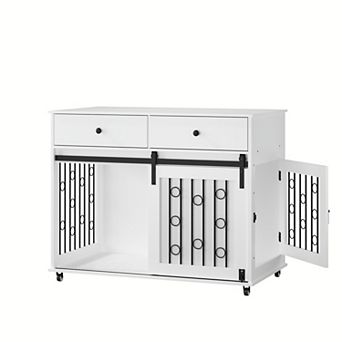 Trikiousd 39.37" Wooden Dog Crate Furniture with Drawers and Sliding Barn Door