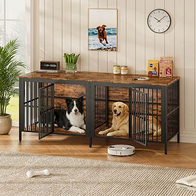 Trikiousd 80" Dog Crate End Table Heavy Duty Indoor Pet Kennel with 2 Doors