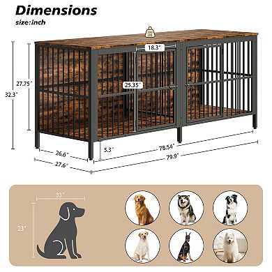 Trikiousd 80" Dog Crate End Table Heavy Duty Indoor Pet Kennel with 2 Doors