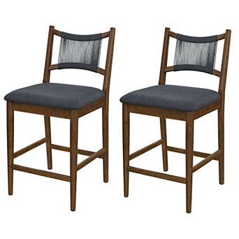Trikiousd Set of 2 Upholstered Wooden Counter Stools with Rope Backrest Modern Bar Chairs