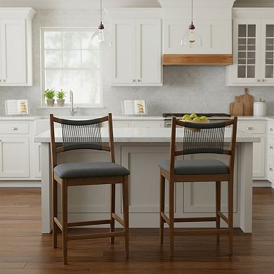 Trikiousd Set of 2 Upholstered Wooden Counter Stools with Rope Backrest Modern Bar Chairs