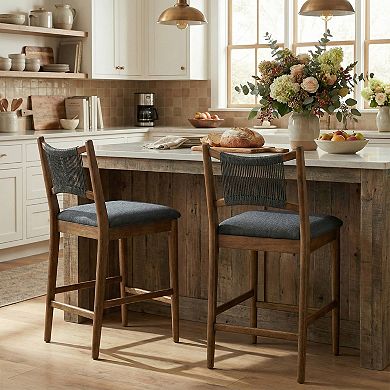 Trikiousd Set of 2 Upholstered Wooden Counter Stools with Rope Backrest Modern Bar Chairs