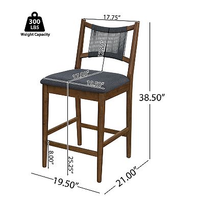Trikiousd Set of 2 Upholstered Wooden Counter Stools with Rope Backrest Modern Bar Chairs