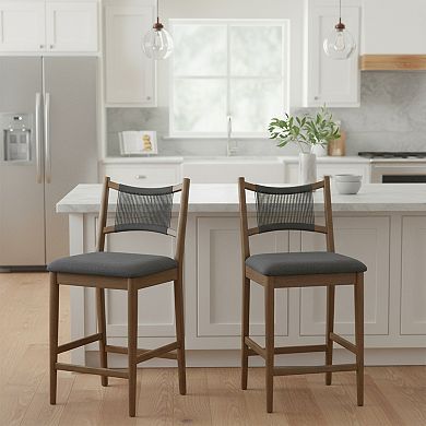 Trikiousd Set of 2 Upholstered Wooden Counter Stools with Rope Backrest Modern Bar Chairs