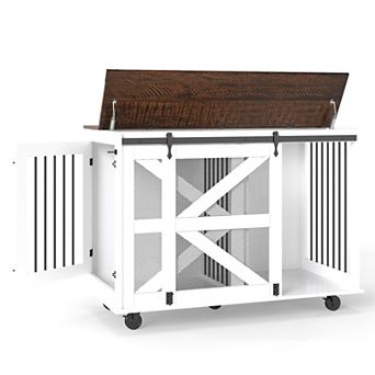 Trikiousd 47.2" Mobile Double Dog Crate Furniture with Wheels and Feeding Door