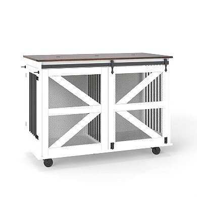 Trikiousd 47.2" Mobile Double Dog Crate Furniture with Wheels and Feeding Door