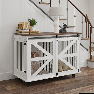 Trikiousd 47.2" Mobile Double Dog Crate Furniture with Wheels and Feeding Door