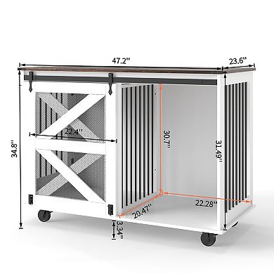 Trikiousd 47.2" Mobile Double Dog Crate Furniture with Wheels and Feeding Door