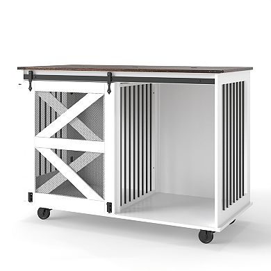 Trikiousd 47.2" Mobile Double Dog Crate Furniture with Wheels and Feeding Door