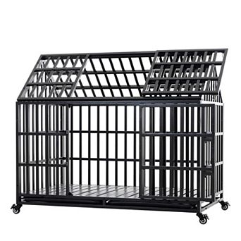 Trikiousd 55" Heavy Duty Metal Dog Crate with Lockable Wheels and Dual Doors