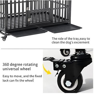 Trikiousd 55" Heavy Duty Metal Dog Crate with Lockable Wheels and Dual Doors